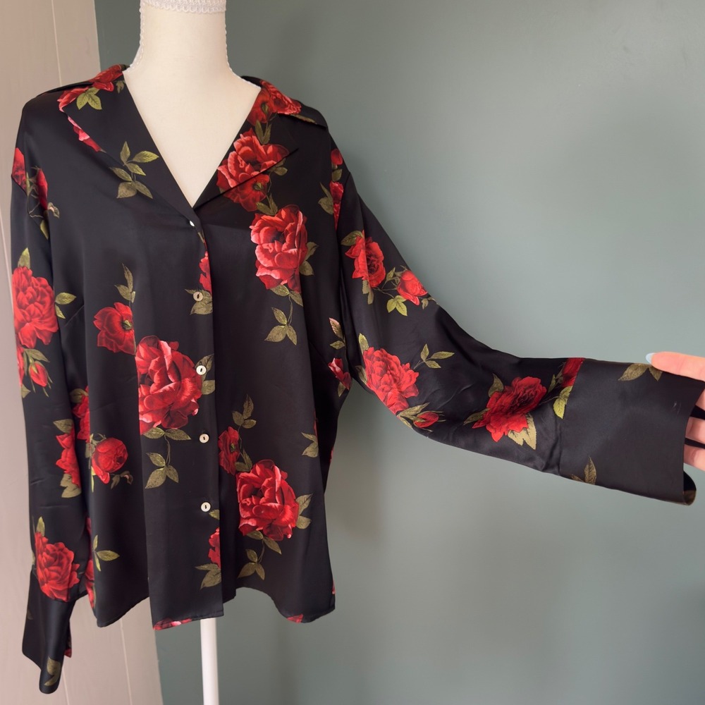 Kate Hill Woman 100% Silk Red Rose Floral Button Down Shirt Black Plus Size 16W